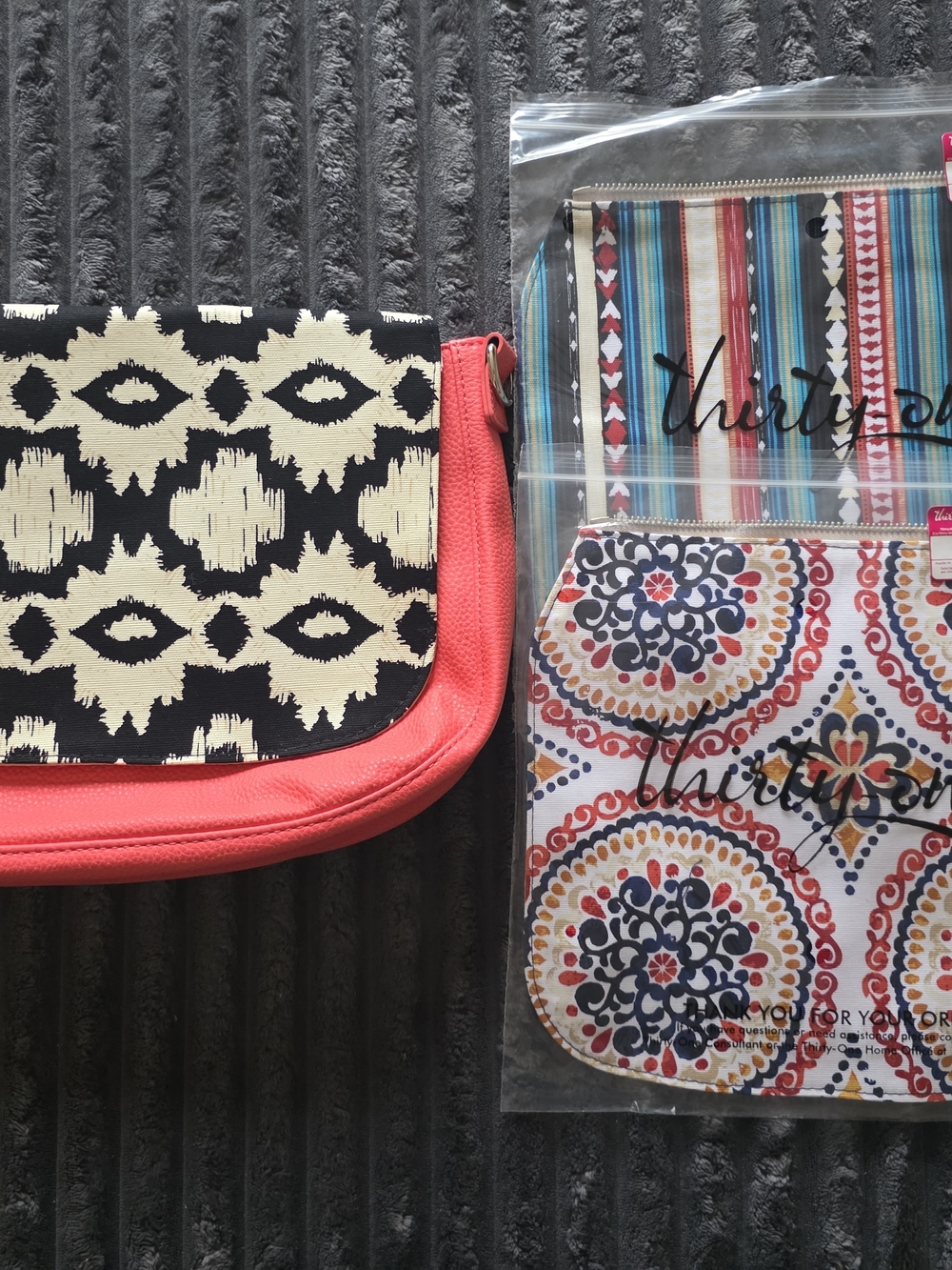thirty-one Black & Coral Patterned Crossbody Bag with Cream Accents